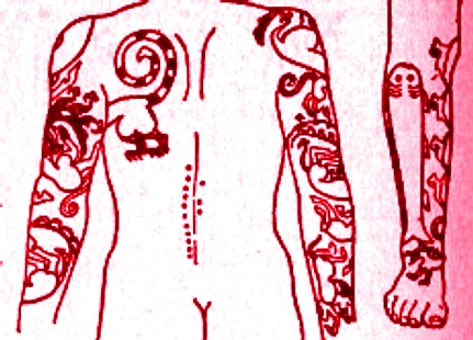 F59) Tattoo of animal figures on the human body.